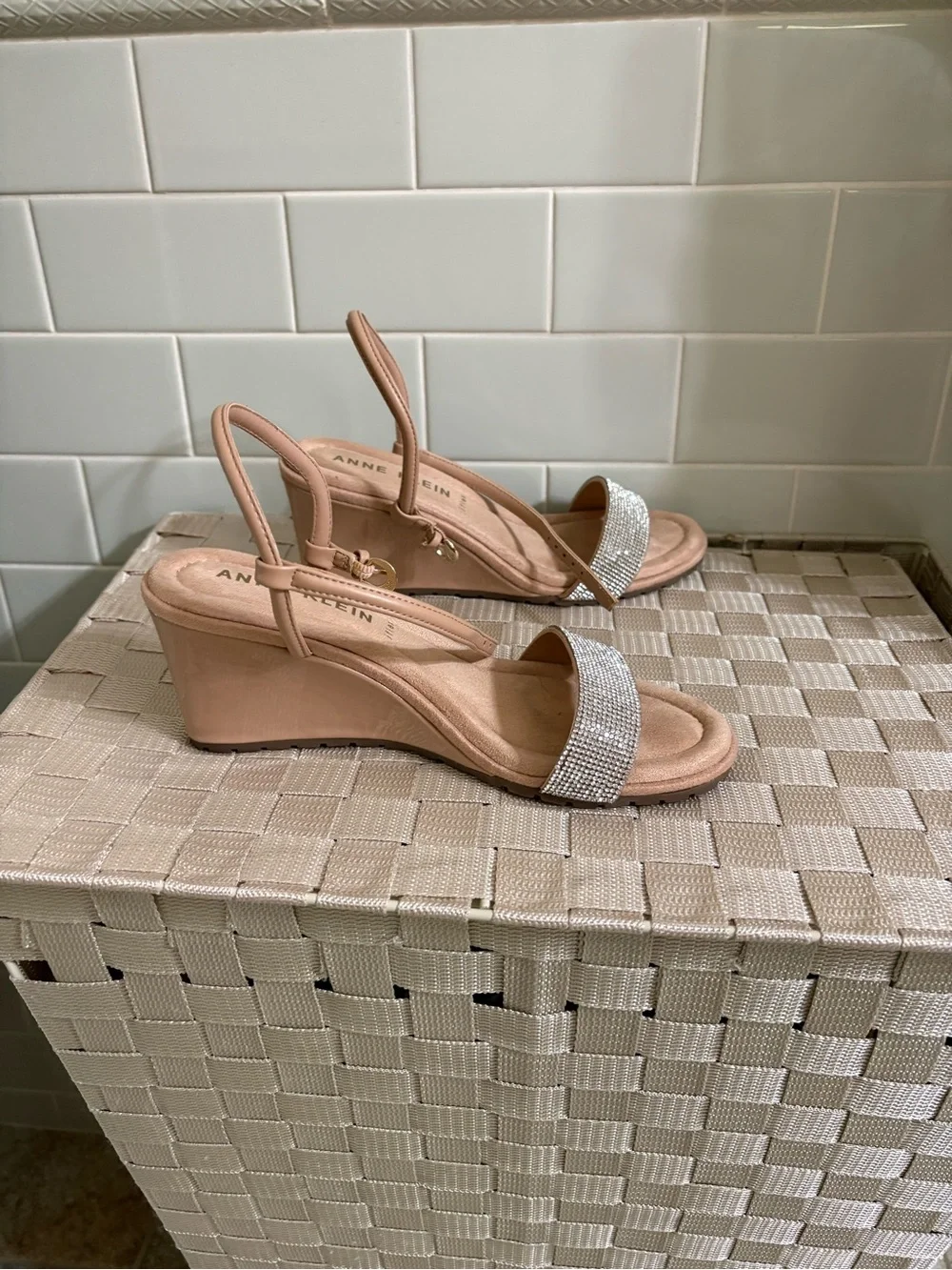 Anne Klein Nude Beige Wedge Sandals with Rhinestone Strap